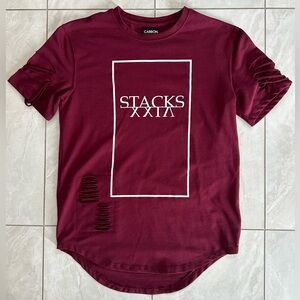 Carbon Distressed Curved Hem T-Shirt - Burgundy / White, Small